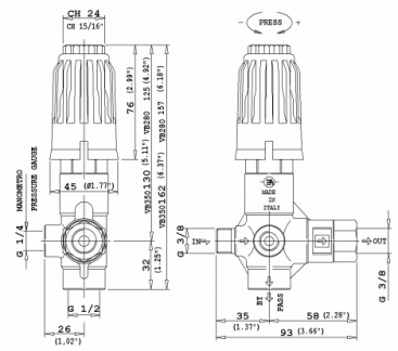 Регулятор давления PA VB350 (350бар, 40л/мин, 3/8&quot;ш-3/8&quot;г, By-pass 1/2&quot;г)